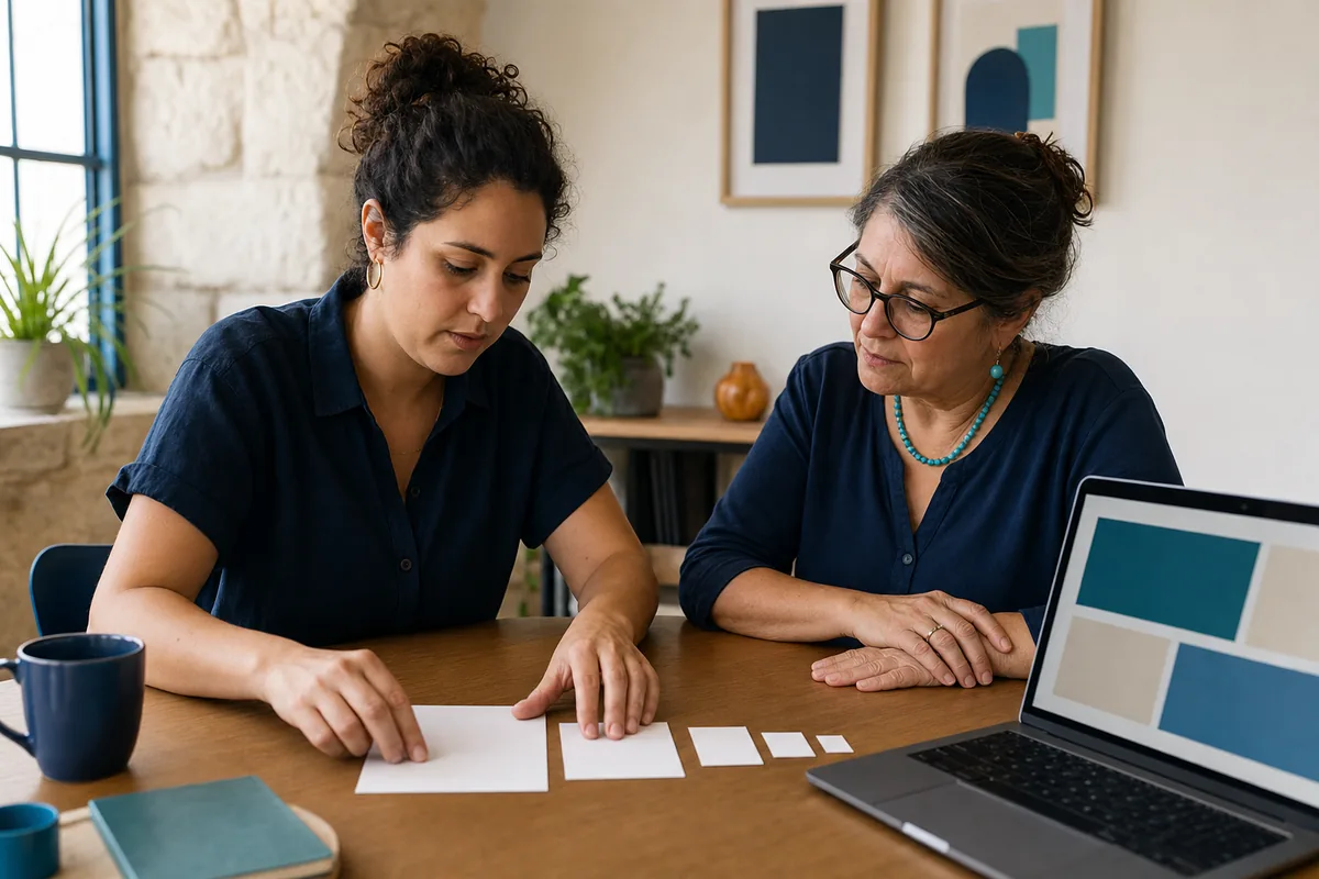 שתי בודקות מסדרות כרטיסים בגדלים שונים כהיררכיית תוכן לצד מחשב נייד