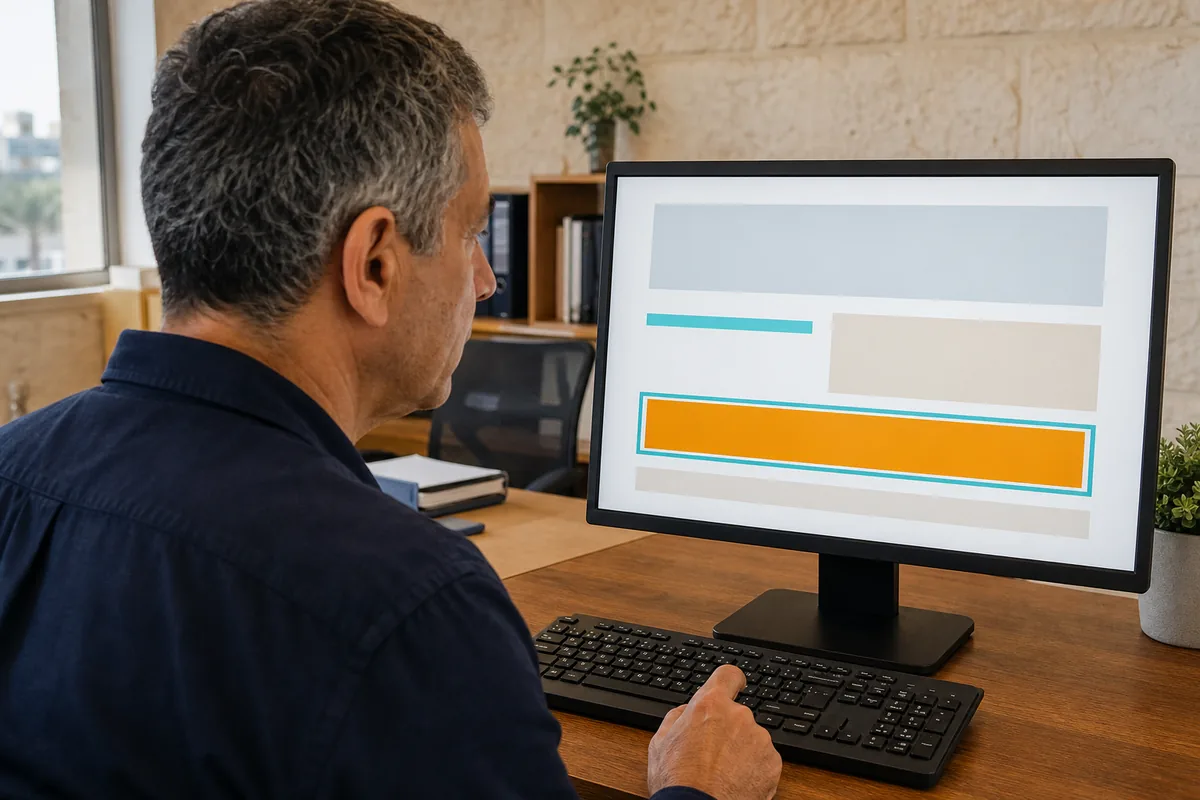 אדם משתמש במקלדת ובוחן רכיב פעולה מודגש במסגרת על מסך
